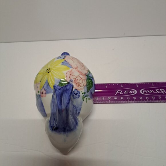 Ceramic Easter Bunny Rabbit Figurine Blue/White Check Yellow Pink Floral Cottage - Picture 7 of 7